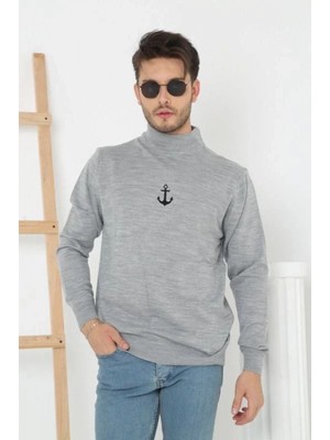 Pileli Store Yarım Boğazlı Baskılı Dokuma Triko - Gri