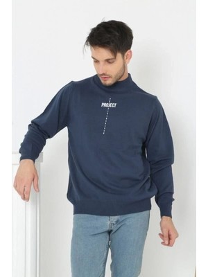 Pileli Store Baskılı Yarım Boğazlı Uzun Kol Dokuma Triko - Indigo