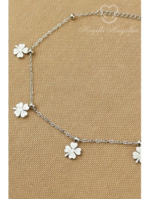 Keyifli Hayaller 316L Çelik Halhal - 4 Yapraklı Silver Yoncalı Zincir 316L Çelik Halhal 24+3cm Kararmaz Solmaz