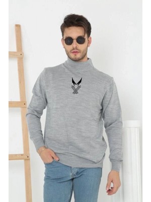 Pileli Store Yarım Boğazlı Baskılı Dokuma Triko - Gri