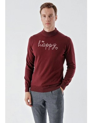 Pileli Store Baskılı Uzun Kol Yarım Boğazlı Dokuma Triko - Bordo