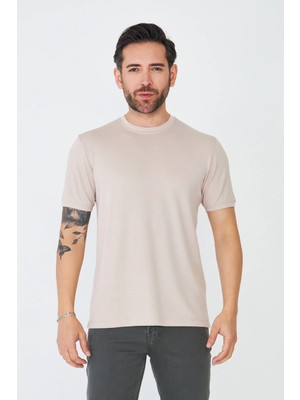 White Stone Bej Sıfır Yaka Basic Tişört