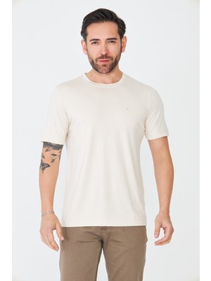 White Stone Bej Sıfır Yaka Basic Erkek Tişört