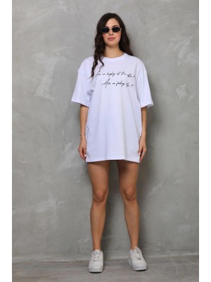 Pileli Store Bisiklet Yaka Baskılı Oversize T-Shirt - Beyaz