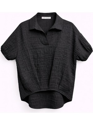 Mixray 4901 Kadın Polo Yaka Yarım Patlı Kraş Dokulu Crop Bluz Siyah