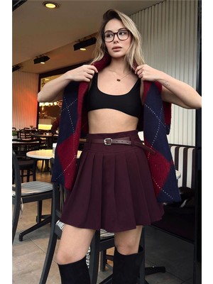 Swist Bordo Full Pileli Kemerli Astar Şortlu Kadın Mini Etek