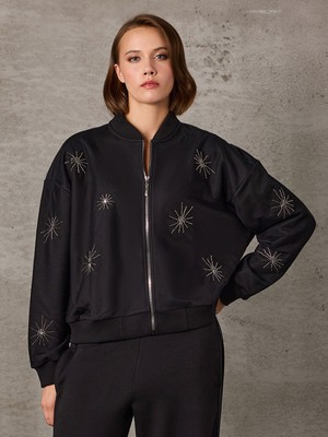 Unique  Önü Nakış Işlemeli Tül Kaplı Sweat Bomber