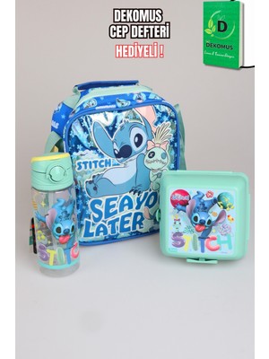 x Dekomus Lisanslı Stitch "ıconic Blue Collection" Termoslu Beslenme Çantası, 500 ml Matara ve Beslenme Kabı Seti