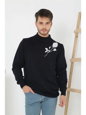 Pileli Store Baskılı Yarım Boğazlı Uzun Kol Dokuma Triko - Siyah