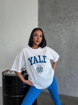 Pileli Store Bisiklet Yaka Baskılı Oversize T-Shirt - Beyaz