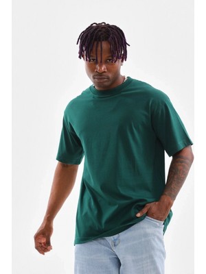 Pileli Store Oversize Düz Bisiklet Yaka T-Shirt - Koyu Yeşili