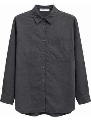 Mixray 4670 Kadın Cepli Oversize Basic Keten Gömlek Siyah