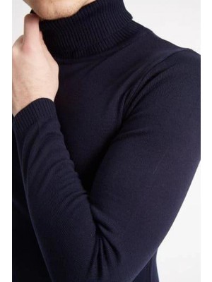 Pileli Store Tam Boğazlı Balıkçı Yaka Dokuma Triko - Lacivert