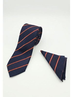 Sdnyazo Louis Cavalle Lacivert Turuncu Ince Çizgili Erkek Kravat ve Mendil Seti - Mikrofiber Kumaş