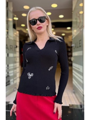 Unique Polo Yaka Taş Işlemeli Triko