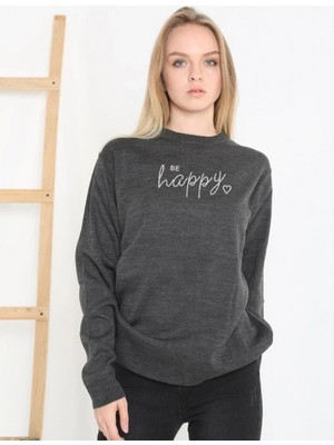 Pileli Store Baskılı Uzun Kol Yarım Boğazlı Dokuma Triko - Füme