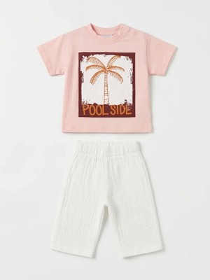 Magu Unisex Bebek Pamuklu Pudra Pool Side Baskılı Tişört Müslin Kapri Takım