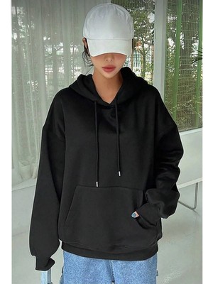 Pileli Store Uzun Kol Kapşonlu Basic Sweatshirt Hoodie - Siyah