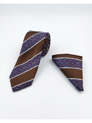 Sdnyazo Louis Cavalle Kahverengi Desenli Erkek Kravat ve Mendil Seti - Mikrofiber Kumaş