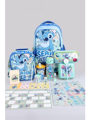 x Dekomus Lisanslı Stitch "ıconic Blue Collection" Kırtasiye Seti Okul, Termoslu Beslenme ve Kalem Çantası, 500 ml Matara, Beslenme Kabı Seti
