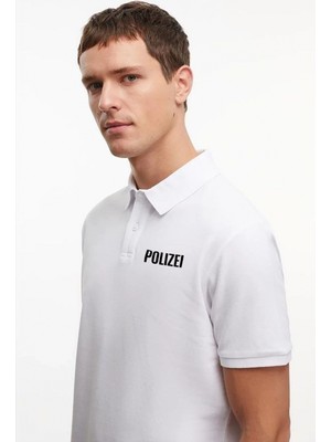 Pileli Store Yakası Düğmeli Yakalı Pike Baskılı T-Shirt - Beyaz
