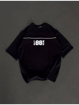 Pileli Store Bisiklet Yaka Baskılı Oversize T-Shirt - Siyah