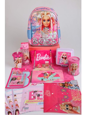 x Dekomus Lisanslı Barbie "extra Glam Collection" 35 cm Anaokul ve Tüylü Kalem Çantası Ile 500 ml Matara, Beslenme Kabı Full Kırtasiye Seti