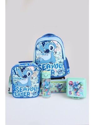 x Dekomus Lisanslı Stitch "ıconic Blue Collection" Okul, Termoslu Beslenme ve Kalem Çantası, 500 ml Matara ve Beslenme Kabı Seti