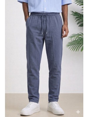 Tarz Cool Lacivert Renk Erkek Yazlık Keten Karışımı Relaxed Pantolon