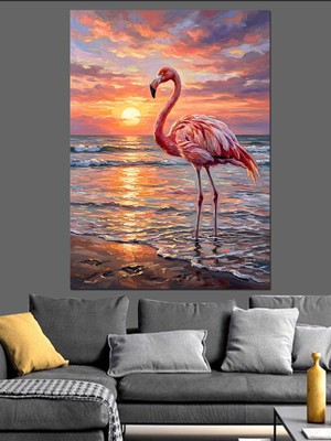Tablomega Gün Batımında Sahilde Pembe Flamingo Dekoratif Kanvas - Mdf Ahşap Tablo