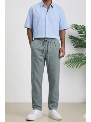 Tarz Cool Lacivert Renk Erkek Yazlık Keten Karışımı Relaxed Pantolon