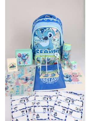 x Dekomus Lisanslı Stitch "ıconic Blue Collection" Kırtasiye Seti Okul ve Kalem Çantası, 500 ml Matara, Beslenme Kabı Seti