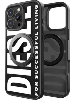 Diesel iPhone 16 Pro Max Uyumlu Magsafe Destekli Yüzük Standlı Kılıf - Siyah/beyaz