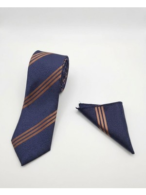 Sdnyazo Louis Cavalle Lacivert ve Yeşil Altın Çizgili Desenli Erkek Kravat ve Mendil Seti - Mikrofiber Kumaş