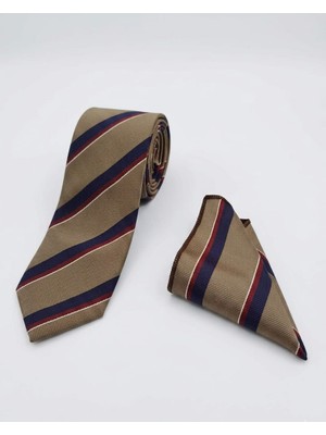 Sdnyazo Louis Cavalle Koyu Bej Lacivert Çizgili Erkek Kravat ve Mendil Seti - Mikrofiber Kumaş