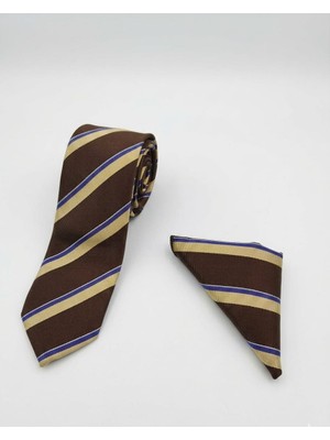 Sdnyazo Louis Cavalle Kahverengi Krem Çizgili Erkek Kravat ve Mendil Seti - Mikrofiber Kumaş