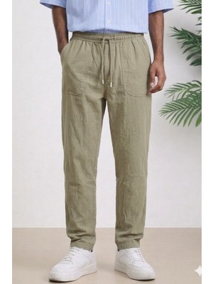 Tarz Cool Lacivert Renk Erkek Yazlık Keten Karışımı Relaxed Pantolon