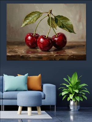 Tablomega Dalında Üç Adet Taze Kiraz Dekoratif Kanvas - Mdf Ahşap Tablo