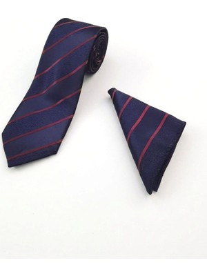 Sdnyazo Louis Cavalle Lacivert Ince Kırmızı Çizgili Erkek Kravat ve Mendil Seti - Mikrofiber Kumaş