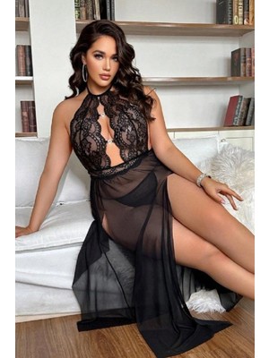 Maxdora Uzun Gecelik Yırtmaçlı Dantel Göğüs Detaylı Sık Romantik Kadın Gecelik - MX002U-7K3NL1