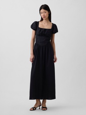 Gap Kadın Siyah Keten Karışımı Drop-Waist Maxi Elbise