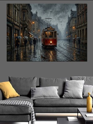 Tablomega Yağmurlu Şehirde Kırmızı Nostaljik Tramvay Dekoratif Kanvas - Mdf Ahşap Tablo