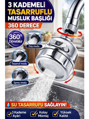 Ecuy 3 Kademeli Musluk Başlığı 360° Döner Tasarruflu Perlatör Su Tasarruf Aparatı Krom Uyumlu