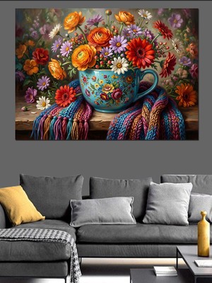 Tablomega Çay Fincanı Içinde Renkli Çiçekler Dekoratif Kanvas - Mdf Ahşap Tablo