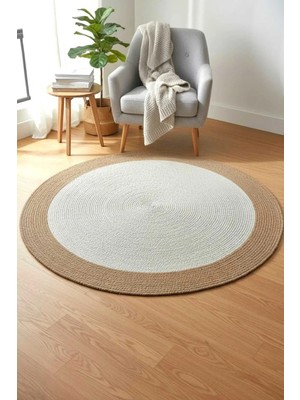 Home İnn Tekstil Home İnn Bohem Yuvarlak Dekoratif Halı 150 cm – Hasır Görünümlü Jüt Stil Modern Salon ve Oturma Odası Halısı