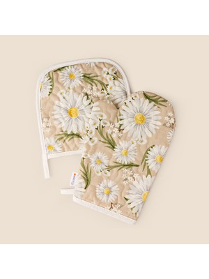 Evidea Soft Papatya Fırın Eldiveni ve Tutaç Set - Bej - 17X28 cm + 20X20 cm