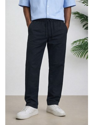 Tarz Cool Lacivert Renk Erkek Yazlık Keten Karışımı Relaxed Pantolon