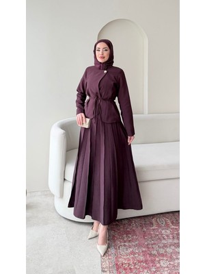 Molly Nelly Kadın Tek Düğmeli Bağcıkllı Ceket Pliseli Etek Takım