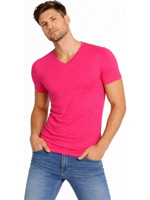 Pileli Store Erkek Body T-Shirt V Yaka Slim Fit Likralı Kısa Kol Tişört - Pembe
