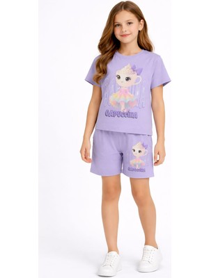 Cansın Mini Lila Balerin Desenli Tişörtlü Kız Çocuk Şortlu 2li Takım 23879